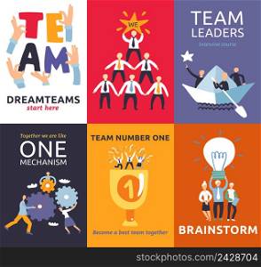 Successful teamwork symbols 8 colorful cards mini banners with brainstorm matching cogwheels project leaders isolated vector illustration . Teamwork Cards Set