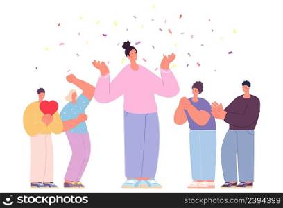 Successful teamwork with leader. Happy male and female cartoon characters clapping to woman. People under flying confetti celebrate together vector scene. Illustration of success business leader. Successful teamwork with leader. Happy male and female cartoon characters clapping to woman. People under flying confetti celebrate together vector scene