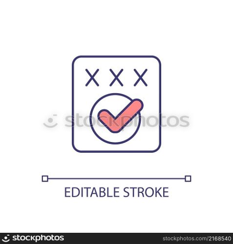 Successful test RGB color icon. Checkbox and mark. Done task. Control form. Safe information. Isolated vector illustration. Simple filled line drawing. Editable stroke. Arial font used. Successful test RGB color icon
