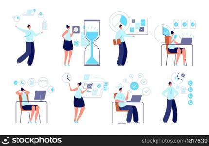 Successful time management. Entrepreneur organizing activity, manager planning work. Tasks or schedule, productive office vector illustration. Business entrepreneur, management professional. Successful time management. Entrepreneur organizing activity, manager planning work. Tasks or schedule, productive office vector illustration