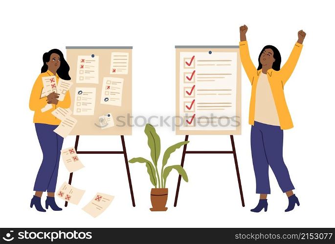 Successful time management. Failed plans or task. Angry and happy women, checklist. Managers lists, office or business girl vector characters. Illustration business task and checklist organization. Successful time management. Failed plans or task. Angry and happy women, checklist. Managers lists, office or business girl vector characters