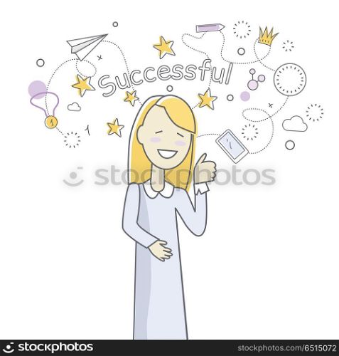 Successful Woman Banner. Happy smiling woman in blue dress. Woman icon. Successful woman with thumb up gesture. Woman rejoices, celebrates his victory, success, winner. Successful banner. Isolated object on white background