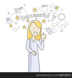 Successful Woman Banner. Happy smiling woman in blue dress. Woman icon. Successful woman with thumb up gesture. Woman rejoices, celebrates his victory, success, winner. Successful banner. Isolated object on white background