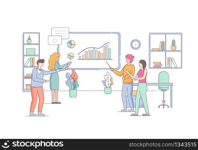 Successful Woman Coacher Character Teaching Employees Standing at Board with Growing Graph in Office Interior with Shelf, Desk and Plants. Business Education. Linear Cartoon Flat Vector Illustration.. Woman Teach Employees at Board with Growing Graph.
