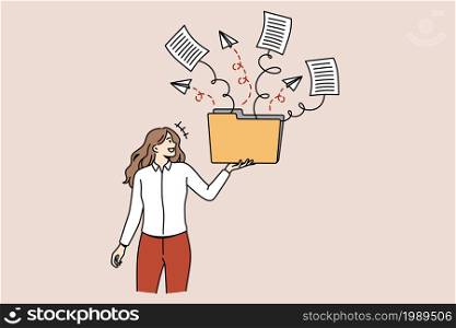 Successful work at laptop concept. Young smiling woman worker standing with laptop in hand with flying heaps of letters from it feeling confident vector illustration . Successful work at laptop concept.