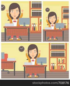 Successful young business woman celebrating with arms up while sitting at the table in office. Successful business concept. Vector flat design illustration. Square, horizontal, vertical layouts.. Successful business woman vector illustration.