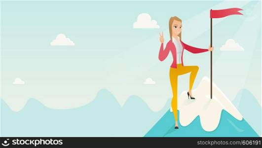 Successfull business woman achieved flag on the top of mountain symbolizing business success. Woman celebrating business success on peak of mountain. Vector flat design illustration. Horizontal layout. Achievement of business success.
