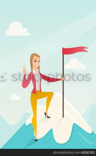 Successfull business woman achieved flag on the top of mountain symbolizing business success. Woman celebrating business success on peak of mountain. Vector flat design illustration. Vertical layout.. Achievement of business success.