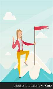 Successfull business woman achieved flag on the top of mountain symbolizing business success. Woman celebrating business success on peak of mountain. Vector flat design illustration. Vertical layout.. Achievement of business success.