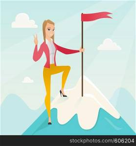 Successfull business woman achieved flag on the top of mountain symbolizing business success. Woman celebrating her business success on peak of mountain. Vector flat design illustration. Square layout. Achievement of business success.