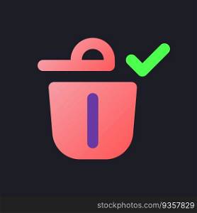 Successfully deleted flat gradient fill ui icon for dark theme. Removing confirm. Bin with check mark. Pixel perfect color pictogram. GUI, UX design on black space. Vector isolated RGB illustration. Successfully deleted flat gradient fill ui icon for dark theme