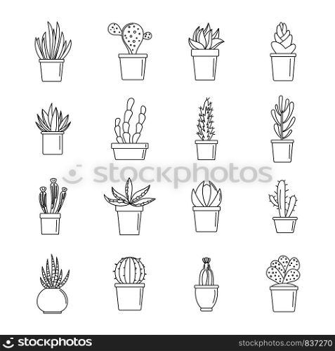 Succulent and cactus flowers plant floral icons set. Outline illustration of 16 succulent and cactus flowers plant floral vector icons for web. Succulent and cactus icons set, outline style