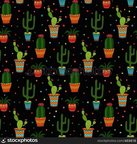 Succulent and cactus seamless pattern. Cartoon vector flowers in pots on dark background.. Succulent and cactus seamless pattern. Cartoon vector flowers in pots on dark background