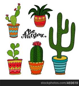 Succulent and cactus set. Cartoon plants in pots. Vector illustration set with cute house interior plants.. Succulent and cactus set. Cartoon plants in pots. Vector illustration set with cute house interior plants