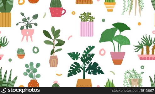 Succulent pattern. Home plants on pots background. Doodle cacti palm isolated. Scandinavian floral garden vector seamless texture. Floral and flower, botanical plant garden seamless illustration. Succulent pattern. Home plants on pots background. Doodle cacti palm isolated on white. Scandinavian floral garden vector seamless texture