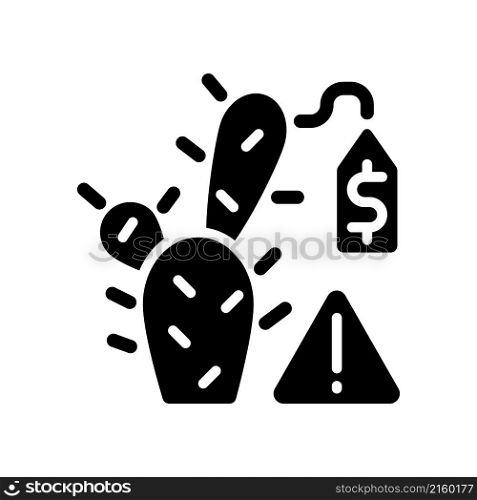 Succulent smuggling black glyph icon. Rare plants trafficking. Environmental crime. Endangered species. Exotic cacti selling. Silhouette symbol on white space. Vector isolated illustration. Succulent smuggling black glyph icon