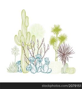 Succulents and cacti. Desert plants. Vector sketch illustration.. Desert plants, cacti. Vector background.