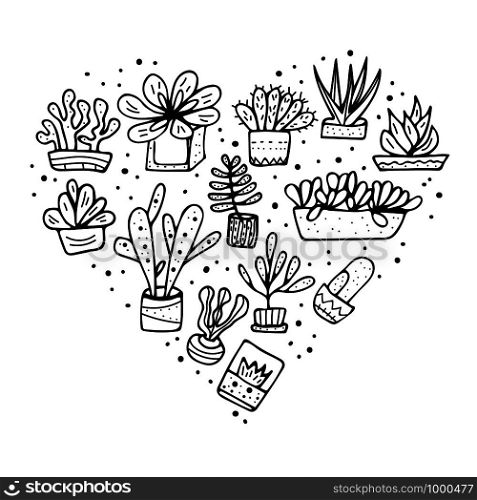 Succulents in doodle style. Heart shape composition. Set of house plants. Poster, banner, greeting card, print isolated elements. Vector sketch illustration.