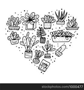 Succulents in doodle style. Heart shape composition. Set of house plants. Poster, banner, greeting card, print isolated elements. Vector sketch illustration.
