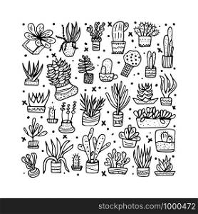 Succulents in doodle style. Set of house plants. Poster, banner composition. Vector black and white design illustration.