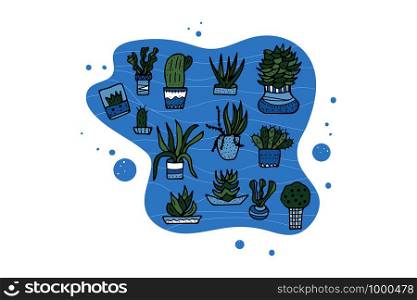 Succulents in doodle style. Set of house plants. Poster, banner, greeting card, print isolated elements. Home decorations collection. Vector color illustration.