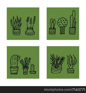 Succulents in doodle style. Set of house plants. Poster, banner, greeting card, print isolated elements. Vector illustration.