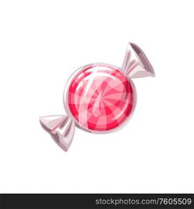 Sucker candy in transparent wrapping isolated swirled caramel. Vector pink sweet snack. Caramel candy in transparent wrapping isolated