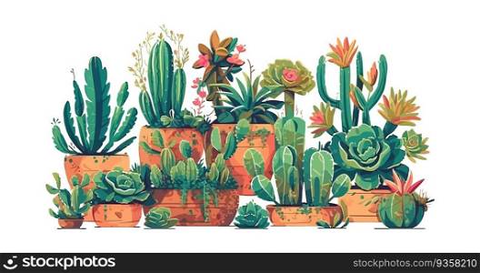 Suculentas and cactus flat cartoon isolated on white background. Vector illustration