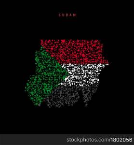 Sudan flag map, chaotic particles pattern in the colors of the Sudanese flag. Vector illustration isolated on black background.. Sudan flag map, chaotic particles pattern in the Sudanese flag colors. Vector illustration