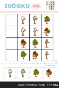 Sudoku for children, education game. Four trees in different seasons. Use scissors and glue to fill the missing elements