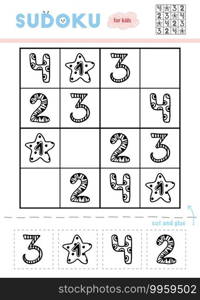 Sudoku for children, education game. Set of cartoon numbers. Use scissors and glue to fill the missing elements