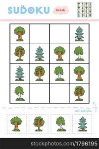 Sudoku for children, education game. Set of cartoon trees - Oak, Birch, Apple tree, Spruce. Use scissors and glue to fill the missing elements