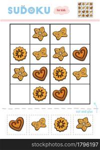 Sudoku for children, education game. Set of Christmas cookies. Use scissors and glue to fill the missing elements