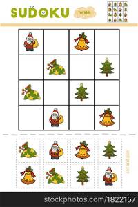 Sudoku for children, education game. Set of Christmas items - Gift, Christmas tree, bell, Santa Claus. Use scissors and glue to fill the missing elements
