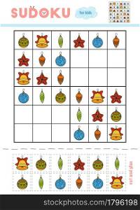 Sudoku for children, education game. Set of Christmas toys. Use scissors and glue to fill the missing elements