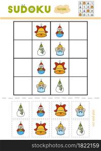 Sudoku for children, education game. Set of Christmas toys - Santa Claus, Snowman, bell and Angel. Use scissors and glue to fill the missing elements