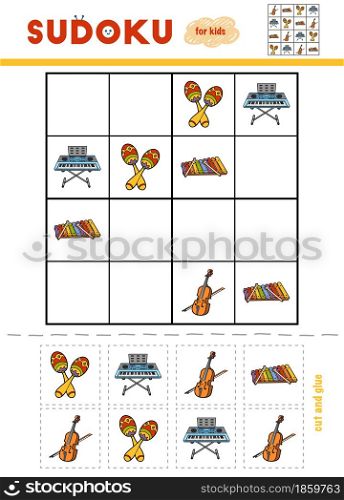 Sudoku for children, education game. Set of musical intstruments - Maracas, Cello, Xylophone, Synthesizer. Use scissors and glue to fill the missing elements