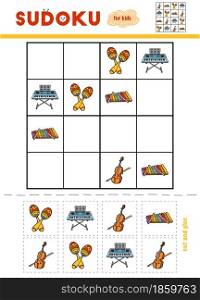 Sudoku for children, education game. Set of musical intstruments - Maracas, Cello, Xylophone, Synthesizer. Use scissors and glue to fill the missing elements