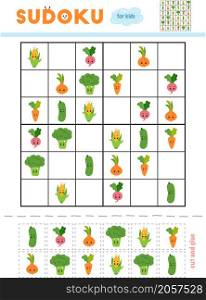 Sudoku for children, education game. Set of vegetables with funny faces. Use scissors and glue to fill the missing elements