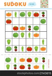 Sudoku for children, education game. Set of vegetables with funny faces. Use scissors and glue to fill the missing elements