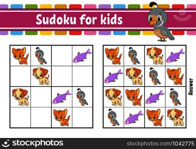 Sudoku for kids. Education developing worksheet. Activity page with pictures. Puzzle game for children and toddler. Logical thinking training. Isolated vector illustration. Cartoon style. Sudoku for kids. Education developing worksheet. Activity page with pictures. Puzzle game for children and toddler. Logical thinking training. Isolated vector illustration. Cartoon style.
