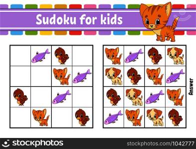 Sudoku for kids. Education developing worksheet. Activity page with pictures. Puzzle game for children and toddler. Logical thinking training. Isolated vector illustration. Cartoon style. Sudoku for kids. Education developing worksheet. Activity page with pictures. Puzzle game for children and toddler. Logical thinking training. Isolated vector illustration. Cartoon style.