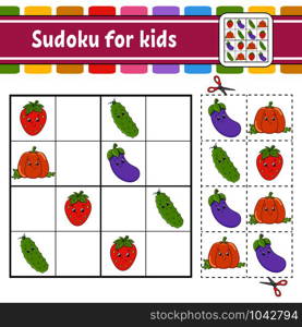 Sudoku for kids. Education developing worksheet. Activity page with pictures. Puzzle game for children. Logical thinking training. Isolated vector illustration. Funny character. Cartoon style. Sudoku for kids. Education developing worksheet. Activity page with pictures. Puzzle game for children. Logical thinking training. Isolated vector illustration. Funny character. Cartoon style.