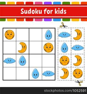 Sudoku for kids. Education developing worksheet. Activity page with pictures. Puzzle game for children. Logical thinking training. Isolated vector illustration. Funny character. Cartoon style.