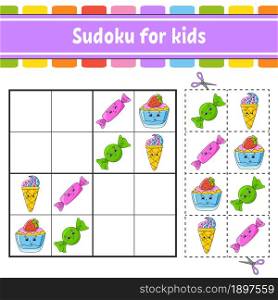 Sudoku for kids. Education developing worksheet. Activity page with pictures. Puzzle game for children. Logical thinking training. Isolated vector illustration. Funny character. Coon style.