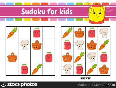 Sudoku for kids. Education developing worksheet. Activity page with pictures. Puzzle game for children. Logical thinking training. Isolated vector illustration. Funny character. Cartoon style.