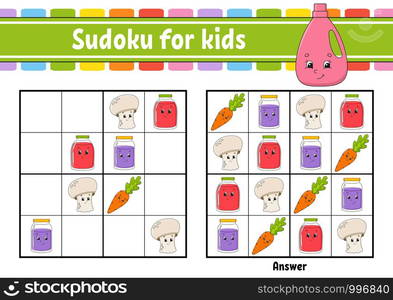 Sudoku for kids. Education developing worksheet. Activity page with pictures. Puzzle game for children. Logical thinking training. Isolated vector illustration. Funny character. Cartoon style.