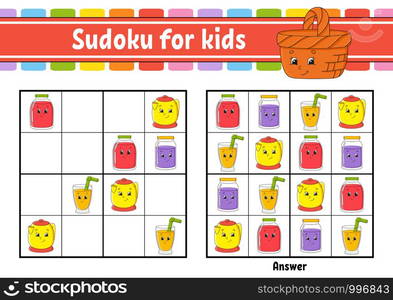 Sudoku for kids. Education developing worksheet. Activity page with pictures. Puzzle game for children. Logical thinking training. Isolated vector illustration. Funny character. Cartoon style.