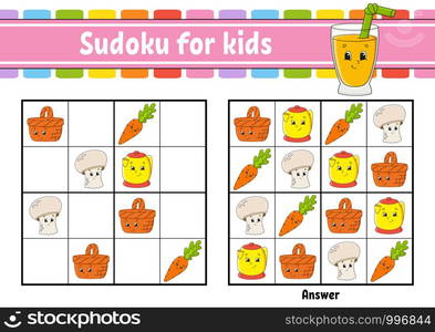 Sudoku for kids. Education developing worksheet. Activity page with pictures. Puzzle game for children. Logical thinking training. Isolated vector illustration. Funny character. Cartoon style.