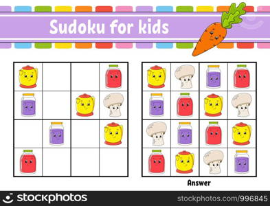 Sudoku for kids. Education developing worksheet. Activity page with pictures. Puzzle game for children. Logical thinking training. Isolated vector illustration. Funny character. Cartoon style.